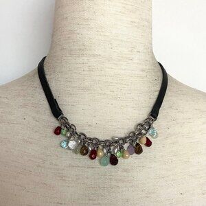 Sterling Silver 925 Multicolor Pearl Quartz Black Suede Cha Cha Dangle Necklace